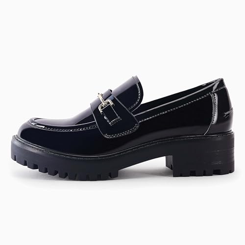Image of VETASTE Women's Platform Chunky Heel Loafers Slip on Business Casual Shoes | Classic Closed Round Toe, Lug Sole, Work Office Uniform Oxfords, Metal Chain