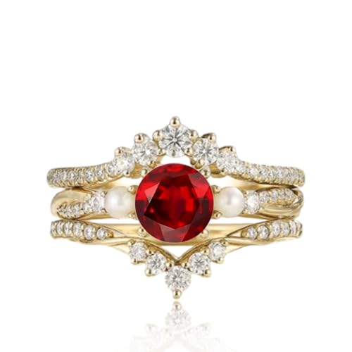 10K 14K 18K Solid Gold Round Shape Gemstone Engagement Ring Set for Women 1 Carat Gemstone Ring with Pearl Vintage Bridal Wedding Rings Set Anniversary Christmas Gift