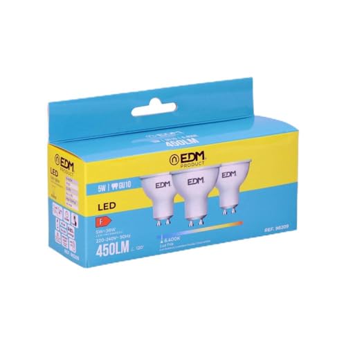 KIT 3 BOMBILLAS DICROICAS LED GU10 5W 450lm 6400K. Disfruta de luz fría y eficiente para iluminar tu espacio. Medidas: Ø5x5,5cm, ideal para un hogar moderno y elegante.