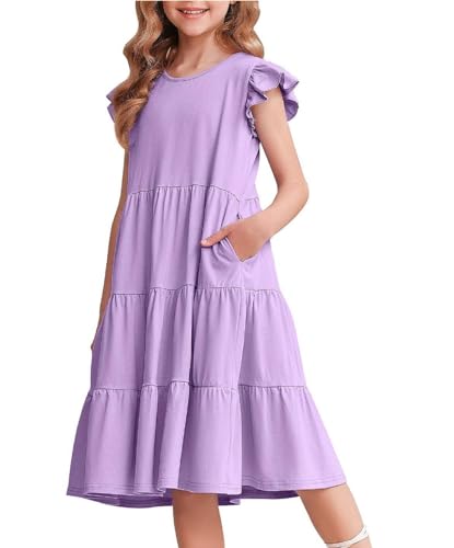 Arshiner Niñas Vestido de Verano con Mangas de Volantes Vestido Infantil de Algodón Vestido de Ocio con Escote Redondo Mangas Cortas Swing Vestidos de Fiesta para Niñas 13-14 Años