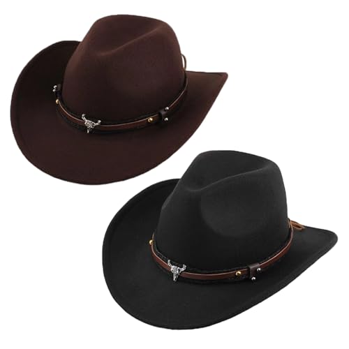 2Pcs Western Cowboy Hat Cowboyhut Damen Herren Westernhut Fedora Hut Breiter Krempe mit Lederband (Style 2)