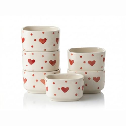 Image of Freakway Ceramic Dip Bowls with Heart shapeDesign, White and Red, Set of 6, Microwave Safe, 40 ml