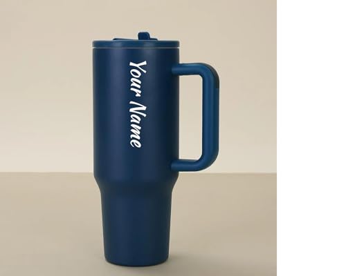 Image of SKDBPM Personalized Stainless Steel Tumbler with Handle, 1200ml Capacity, Black Insulated Travel Mug with Straw, Custom Name Design (Navy Blue (3rd Generation))