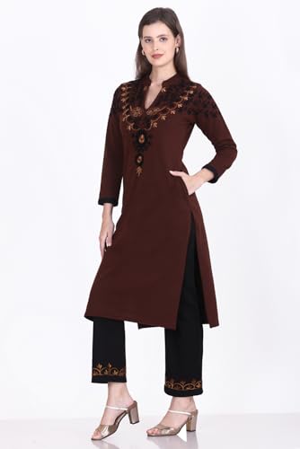 Image of Rosary Women's Woolen Winter Embroidered Kurta with Palazzo | Warm Ethnic Suit Set - 2 Piece Outfit