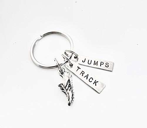 RUN TRACK JUMPS Key Chain - Running Shoe Charm and Hand Stamped TRACK and JUMPS Pendants on Round Key Ring - Track Jumps Events