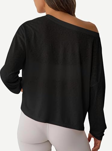 Hilinker Women's Sheer Off The Shoulder Tops Mesh Workout Sexy Long Sleeve T Shirt2