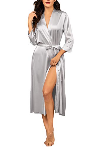 Hotouch Women's Pure Color Long Satin Kimono Robes with Oblique V-Neck Bridesmaid Wedding Party Dressing Gown Silver Gray