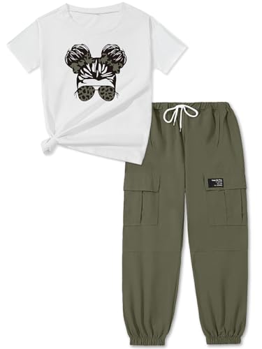 Image of ARTMINE Girls' 2 Piece Outfits Casual Drawstring Jogger Pants and Basic Short Sleeve Top Set, 6-14 Years