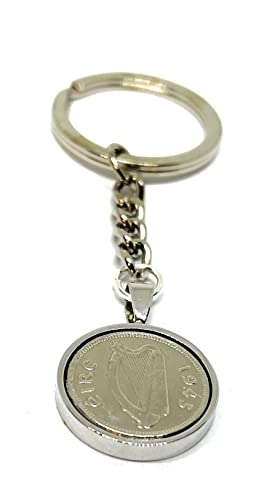 Porte-clés irlandais de 6 pence pour 59e anniversaire 1963 - Mum, papa, frère, sœur - 59e anniversaire - Pièce de 3 pence irlandaise SLV, 20 mm, Argent, Autre type de fermoir Cover