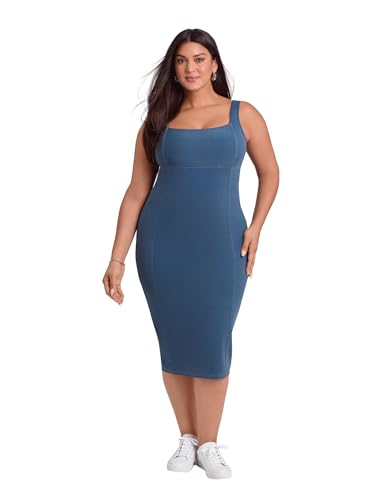 S3 Apparel Womens Square Neck Tank Midi Dress with Built-in Shapewear, Denim Blue Rinse, X-Large