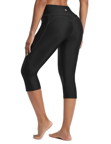 baleaf Womens High Waisted Swim Pants Long Swim Capris UPF50+ Swimsuit with Liner and Pockets Black L