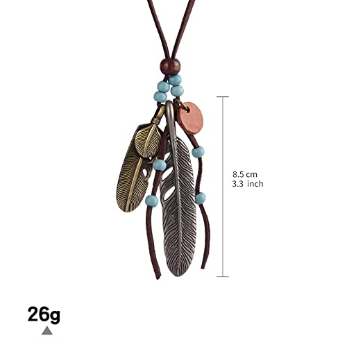 Xiaomtou Boho Necklaces, Double Feather Pendant Necklace Retro Style Unisex Long Leather Necklace For Women Native American Jewelry With Adjustable Leather Cord #TOP3