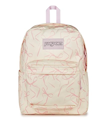Image of JanSport SuperBreak Plus Backpack with Padded 15-inch Laptop Sleeve and Integrated Bottle Pocket - Spacious and Durable Daypack for Work and Travel, Rows Of Bows Natural /Pink Ice