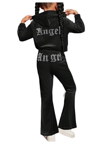 SHENHE Girl's Velour Tracksuit 2 Piece Outfits Rhinestone Zip Up Hoodie Flare Pants Set Sweatsuit