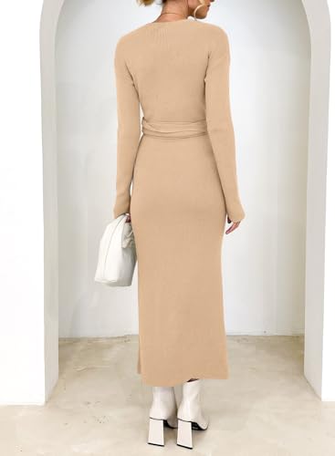 Image of Happy Sailed Womens Knit Dress Spring Long Sleeve Wrap V Neck Tie Waist Ribbed Sweater Dresses