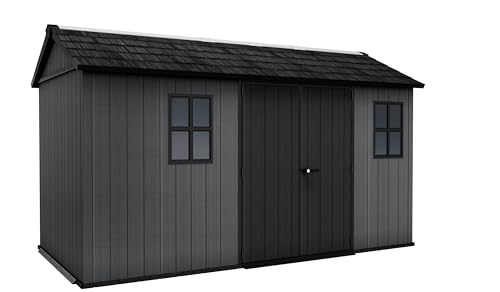 Keter Newton Plus 7.5x13 Ft All-Weather Storage Shed with Skylight Window Built-in Ventilation Customizable Walls & Lockable Double Doors Graphite