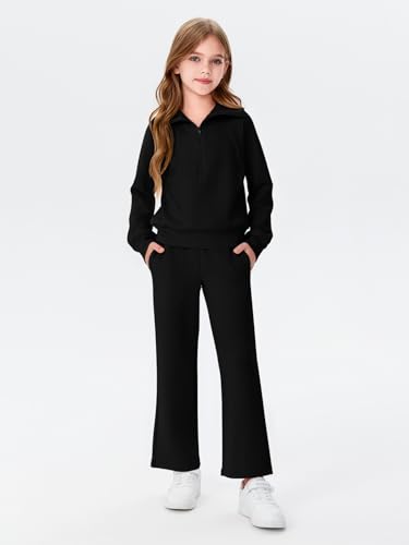 Image of Haloumoning Girls 2 Piece Outfits Sweatsuit Half Zip Long Sleeve Sweatshirts Sweatpants Tracksuit Sets 5-14 years