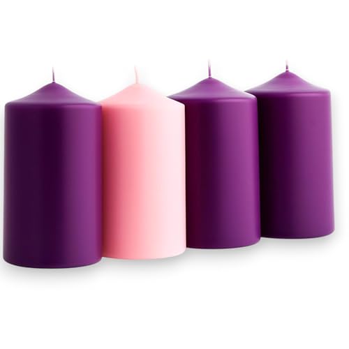 KORAT Set 4 Candele dell’Avvento Alte 15 cm Ø 7,5 cm – 3 Viola + 1 Rosa Candele Pilastro Colore Solido per Corona dell’Avvento e Decorazioni Natalizie Lunga Durata, Fiamma Stabile, Ideali per Liturgia