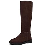 Bouwno Knee High Boots for Women Flat Round Toe Side Zipper Chunky Low Heels Tall Long Riding Boots for Women, Dark Brown Suede, 5 UK