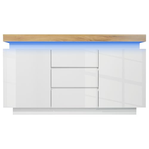 entapuk Commode Éclairage LED, Buffet Brillant avec 2 Portes Et 3 Tiroirs, Armoire Polyvalente pour Salon Et Chambre, 81 X 140 X 39 cm, Blanc