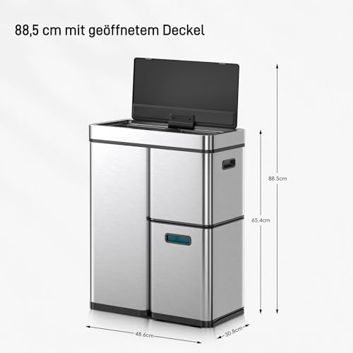 EKO Mirage Plus Mülltrennsystem mit 3 Fächer, 2 x 15 L und 30 L, Recycler Mülleimer mit Sensor, 3 Kunststoff Inneneimer, Automatischer Abfalleimer mit Deckel, großer Mülleimer Küche 60l, Edelstahl