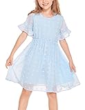 Flypigs Sommerkleid Mädchen A-Linie Elegant Chiffon Prinzessin Kleid Sommer Kurzarm Rüschen Kleider für Mädchen Hellblau 128/134/140