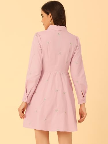 Image of Allegra K Women's Shirt Dress A Line Embroidered Floral Mini Dresses | Casual, Collar, Long Sleeve, Button Down, Half Placket, Invisible Zipper, Knee Length