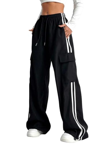Verdusa Women's Cargo Pants Baggy Straight Wide Leg Track Pants Striped Joggers with Pockets Athletic Streetwear Black Large