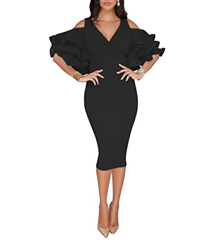 VERWIN Solid Flounced Sleeves Cold Shoulder V Neck Elegant Sexy Party Evening Midi Dress Bodycon Dress Black L