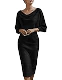 Vestido cruzado para mujer, vestido de manga larga para mujer, elegante, cuello drapeado, manga murciélago, ajustado, vestido midi., Negro, L