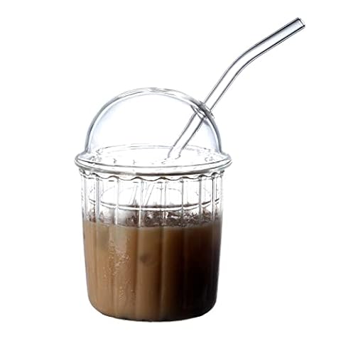 KEEMEN Szklane kubki z pokrywkami i słomkami, 450 ml, do mrożonej kawy, wielokrotnego użytku, prążkowane szklanki do picia z pokrywką kopułową i szklaną słomką, 2 szt. (białe)