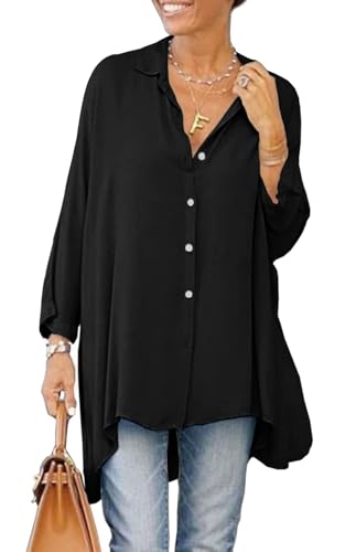 Cicy Bell Damen Bluse Oversized Langarm Button Down Hemdbluse V-Ausschnitt Sommer Satin T-Shirt Elegant Oberteile Shirt Einfarbig Casual Tops Schwarz XL