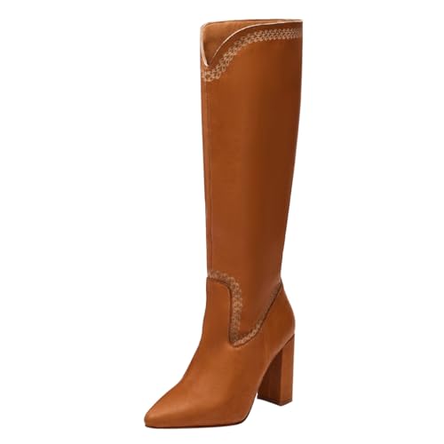 FOWT Women Pointed Toe Knee High Boots Chunky Block High Heel Long Boots Pull on Riding Boot Shoes Size 4-16 US