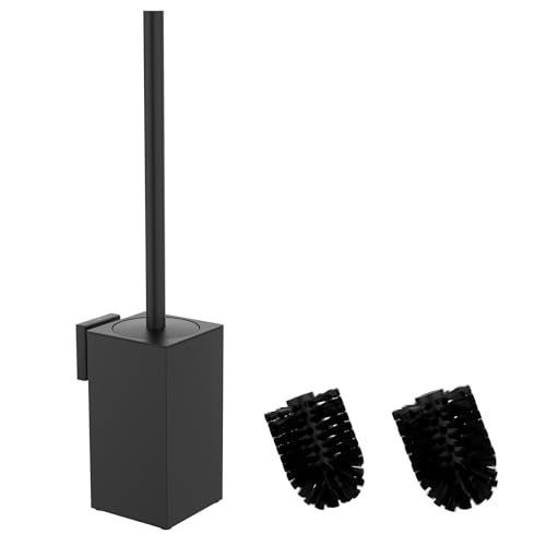 Mozmmhi Escobilla de inodoro de acero inoxidable 304, juego de escobillas para inodoro con montaje en pared y soporte para escobillas, incluye 2 cabezales de cepillo (negro cuadrado)