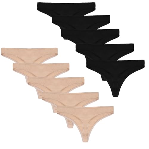 Style It Up Paquete de 5 o 10 tangas para mujer, ropa interior de algodón, cómoda, para uso diario, básico, paquete múltiple, color negro y blanco, Negro / Desnudo, S