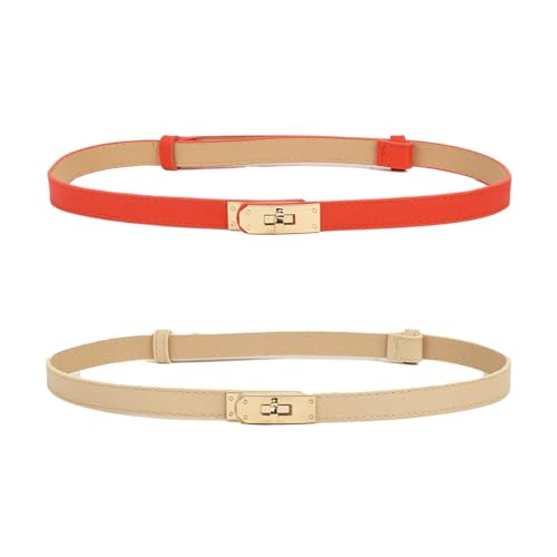 COTIM COYIN 2 Pack Women's Solid Color Skinny Leather Belt, Alloy Turn Lock Adjustable Waist Belt for Dresses Jeans