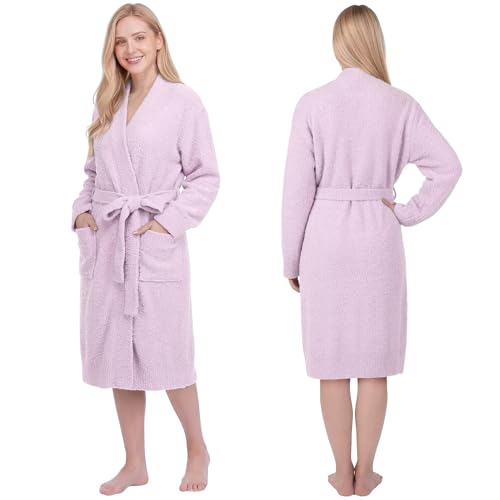Image of PAVILIA Premium Plush Robe for Women, Soft Cozy Fuzzy Bathrobe with Pockets, Warm Mid-Length Lounge Robe with Tie Belt