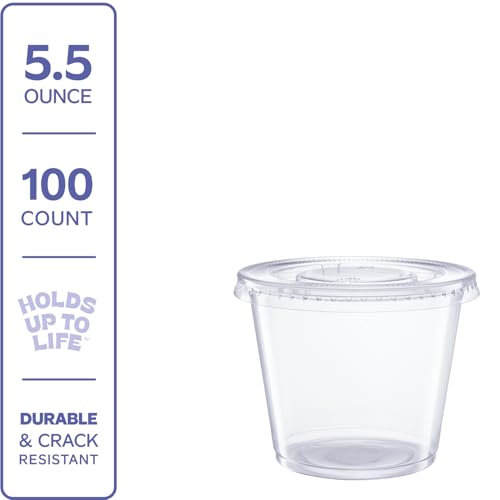 Image of GUSTO [5.5 oz. - 100 Count Clear Disposable Plastic Portion Cups with Lids - Souffle Cups, Jello Shot Cups With Lids, Plastic Containers Perfect for salad Dressing and More- Formerly Comfy Package