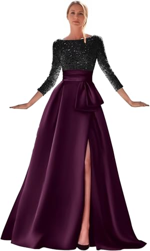 Fair Lady Long Sleeves Prom Dress with Slit Sparkly Sequin Ball Gowns Satin Formal Evening Party Gowns