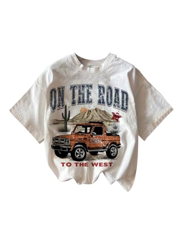Image of RoseSeek Women's Graphic Letter Tee Crew Neck Drop Shoulder Trendy Summer T Shirt Short Sleeve Vintage Car Print Top