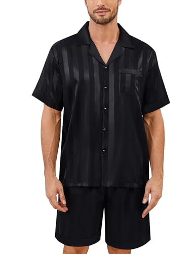 SWOMOG Mens Satin Pajamas Set Silk Pj Sets Short Sleeve Button Down 2 PCS Sleepwear with Drawstring & Pockets S-3XL2