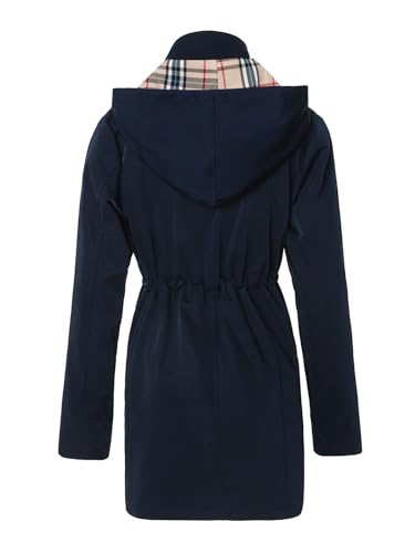 SaphiRose Langer Regenmantel für Damen, Outdoor-Regenmantel, Windbreaker, mit Kapuze (Marineblau, L)
