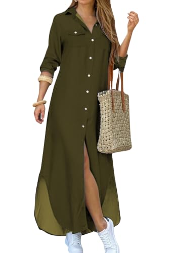 Image of YMING Women's Long Sleeve Button Down Shirt Dress Spring Casual Maxi Dresses Loose Fit Blouse Dress with Pockets