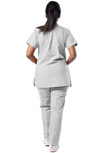 Image of Uniform Craft Women's 4 Pocket Scrub Suit Set | Medical Uniform | Cross V-Neck Poly Cotton | Short Sleeve Hospital Wear | Ideal for Doctors & Nurses (Light Grey, XL)