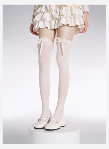 Lolita Fashion Thigh High Socks with Bow Women Girls Cosplay Over Knee High Stocking Cutecore Lace Up Frilly Socks2