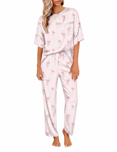 Image of Ekouaer Womens Satin Silky Pajama Set Short Sleeve Shirt with Long Pajama Pant Set Soft PJ Loungewear