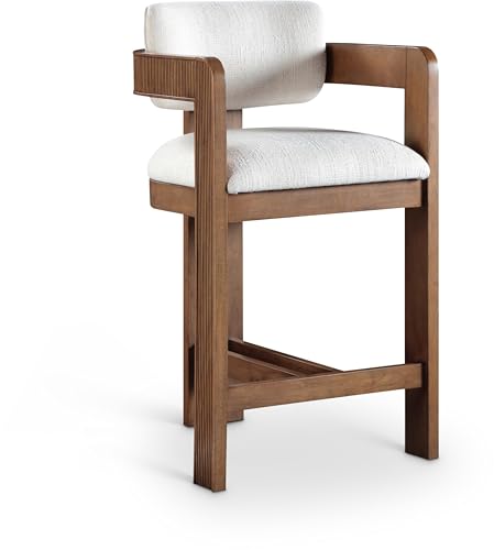 Meridian Furniture 11076Cream-C Sacha Collection Art Deco Stool with Rich Cream Linen Textured Fabric, Two Tone Weave, Solid Wood Brown Walnut Finish, Fluted Wood, 20.5" W x 21" D x 37.5" H, Cream