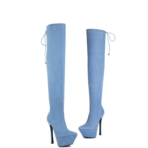 Botas Altas hasta la Rodilla elásticas para Mujer, tacón Grueso, Suela Gruesa, Punta Redonda, Botas largas de Piel sintética, Moda para Fiesta de graduación, 14,5 cm,Light Blue,35 EU