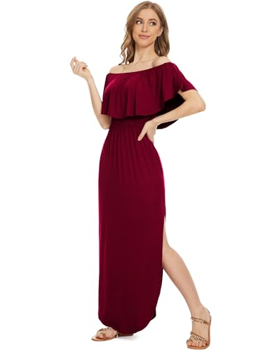 Image of LILBETTER Womens Off The Shoulder Ruffle Party Dresses Side Split Beach Maxi Dress