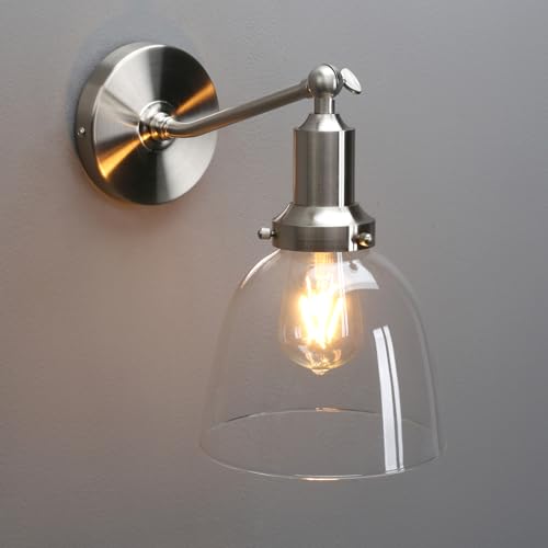 Image of PERMO Industrial Vintage Slope Pole Wall Mount Single Sconce with 6.7 inch Oval Dome Clear Glass Shade Wall Sconce Light Lamp Fixture (Brushed Nickel)